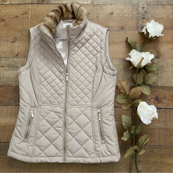 Zip Up Vest Taupe Quilted Gold Hardware Faux Fur Collar by Calvin Klein - Picture 3 of 13